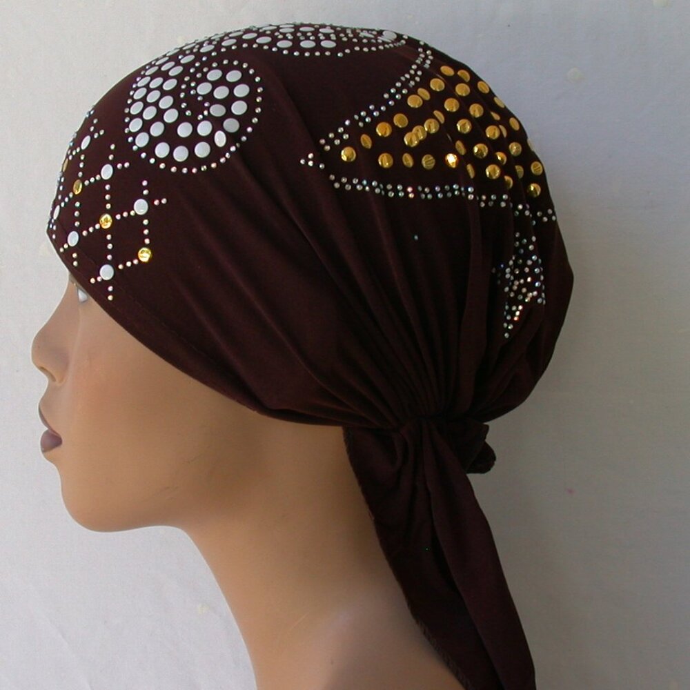 BROWN Pre-Tied Stud Chemo Cap Slip On Bonnet Hijab Undercap #1